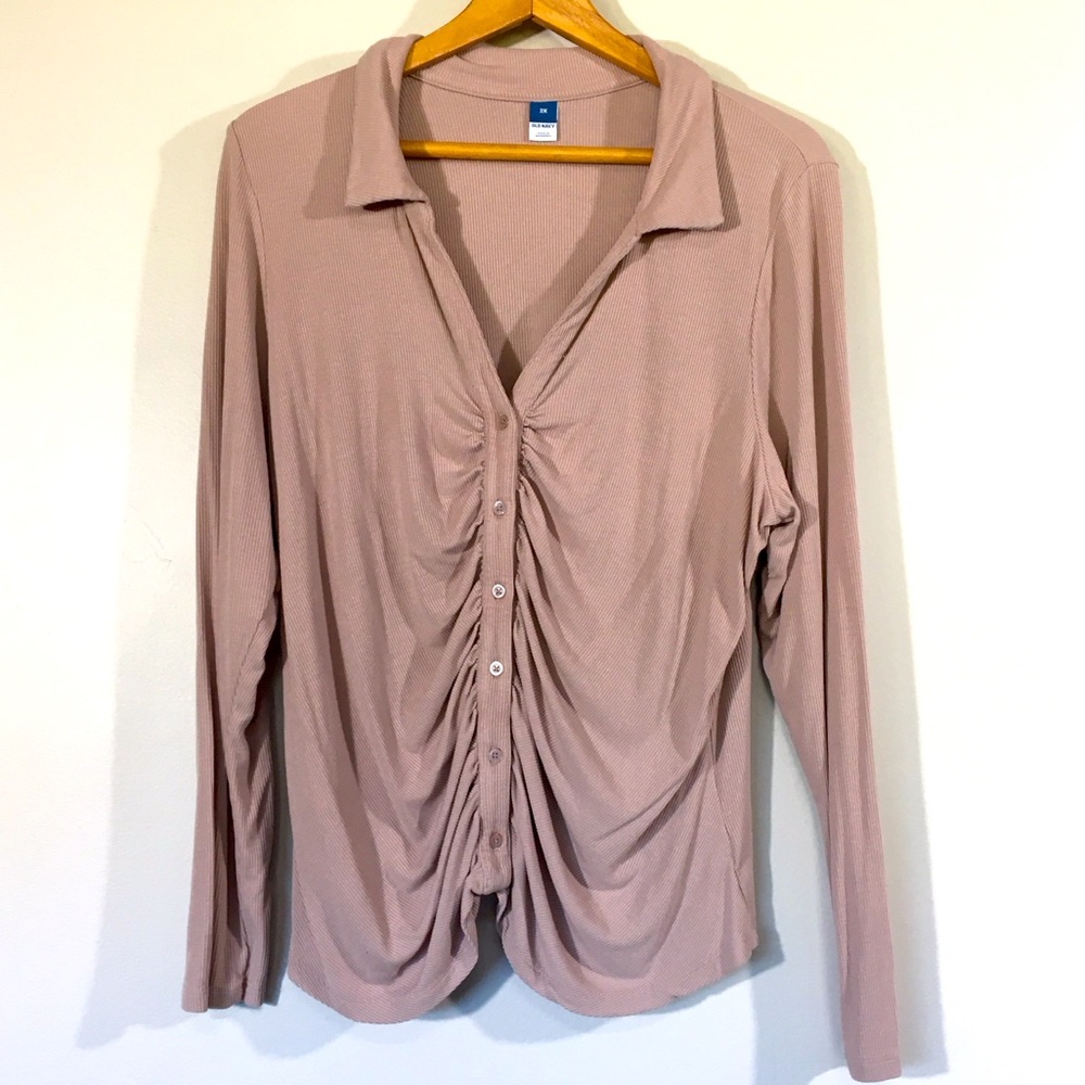 Old‎ Navy Powder Pink Ribbed Rouch Front Button Up Fashion Top